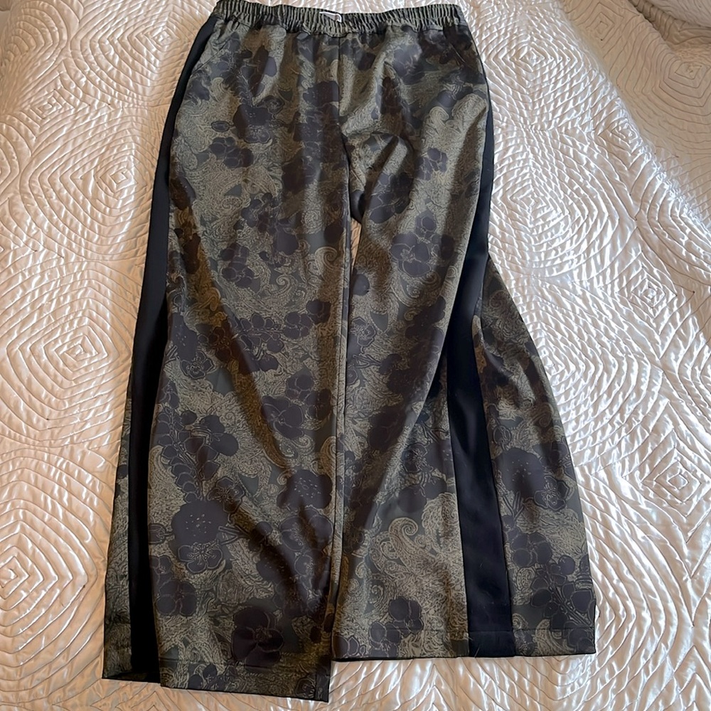 Chelsea28 satin olive & black printed pants with tuxedo stripe